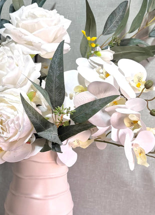 Silk luxury Floral Peony vase Arrangement in Ivory and White with peonies, roses, hydrangea eucalyptus - Ocean Avenue Beaux Faux Flowers Shop