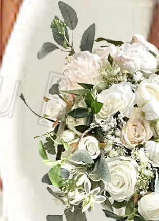 Artificial Roses & Peonies - Cream, Ivory Teardrop Bridal Bouquet | Wedding Fl image 6