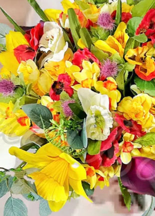 Silk daffodil, poppy  bouquet yellow, red, cerise, Ivory round  Bridal flowers image 9