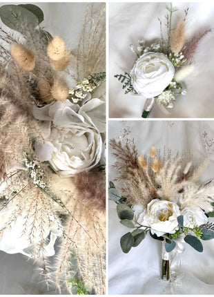  Rose pampas silk Spray Bridal Bouquet in Ivory Artificial Wedding Flowers image 3
