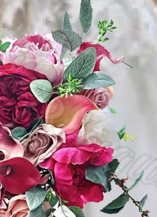 Teardrop Bridal Silk Bouquet, Cerise Pink, White, Ivory with Wild Roses, Peonies image 5