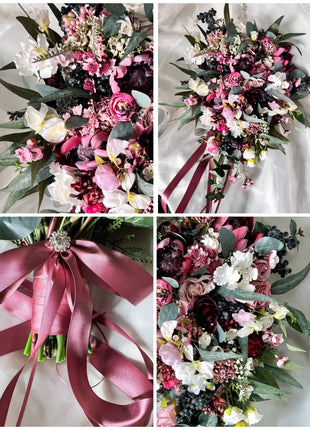 Cascading burgundy bridal bouquet Artificial Wedding with red  |ivory flowers image 5