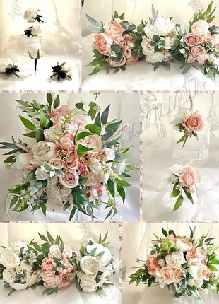 Luxury bridal bouquet in blush peach, ivory with peony, rose package 13p image 0