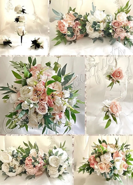 Luxury bridal bouquet in blush peach, ivory with peony, rose package 13p image 0