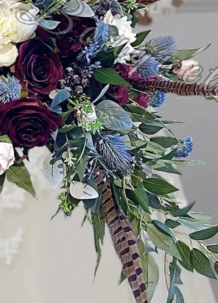 Wedding Flowers Pheasant Feather, Blue, Burgundy with rose Bridal Bouquet image 5