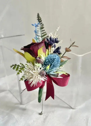 Gents, guest scottish burgundy rose and blue thistle buttonhole Beaux Faux Flowers Shop