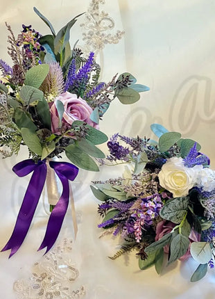 Scottish wildflowers, thistle  Bridal Bouquet Wedding Flowers mauve, purple image 1