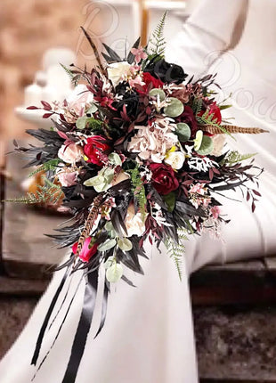 Silk Rose, black ruscus leaf Bride Bouquet Wedding Flowers in black, pink, Ivory image 7