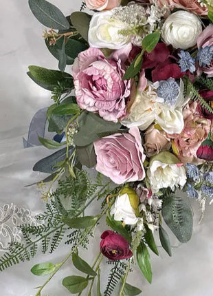 Brides Scottish Wedding cascade Bouquet Dusty Mauve, Burgundy Faux  Flowers image 6