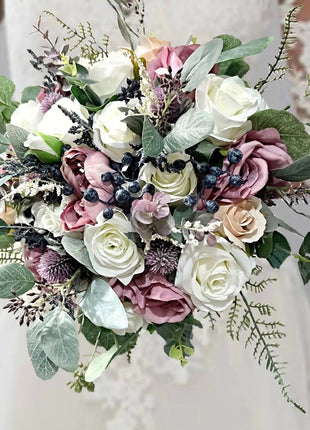 Silk Wedding Flowers in navy, ivory,, Mauve Rose, Thistle Bridal Round Bouquet image 5