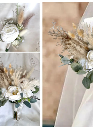  Rose pampas silk Spray Bridal Bouquet in Ivory Artificial Wedding Flowers image 2