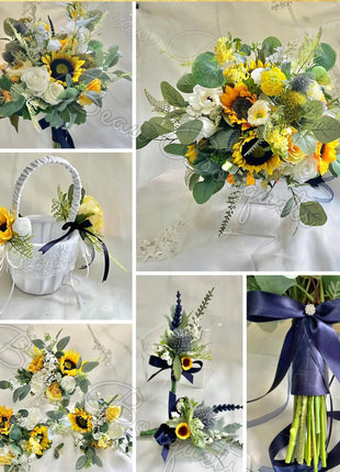 Silk sunflower, rose bouquet - yellow, amber, blue, Ivory round  Bridal flowers image 2