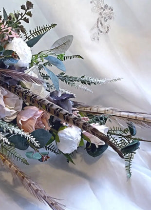 Scottish bridal bouquet with roses pheasant feather blush pink, grey, Ivory image 7