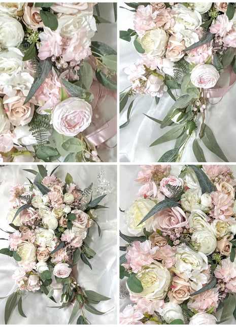 Cascading white blush pink silk flower Bridal Bouquet Held by bride