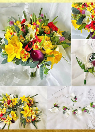 Silk daffodil, poppy  bouquet yellow, red, cerise, Ivory round  Bridal flowers image 1