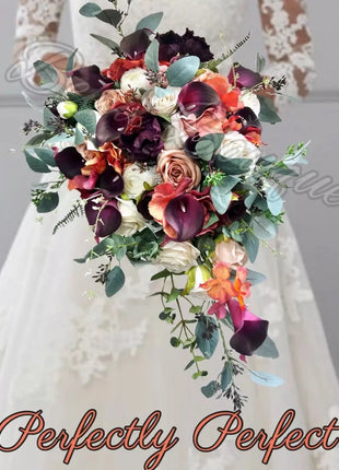 Artificial  Silk Wedding Flowers: Orange, Plum, Ivory Teardrop Bridal Bouquet image 0