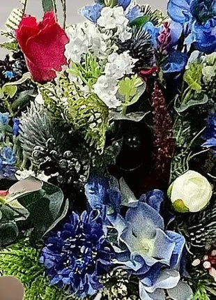 Silk blue Flower Vase Arrangement with White, Red Flowers | image 1