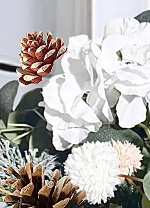 Winter  whites Floral vase decor with dahlia poms, hydrangea, Spruce pine cones  image 7