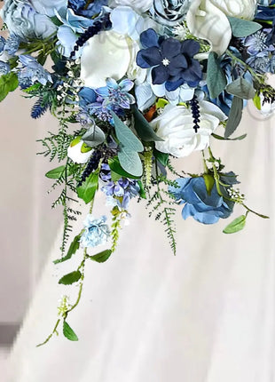 Silk Cascade  Bridal Bouquet Roses, Peony inBlue,  navy, Ivory image 8