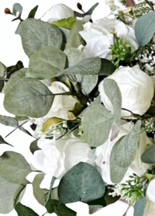 Artificial Roses, Peonies in White Ivory Round Spray Bridal Bouquet Wedding image 4