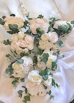 Bridal Cascade Bouquet, Artificial Wedding Flowers in cerise, pale pink, ivory image 4