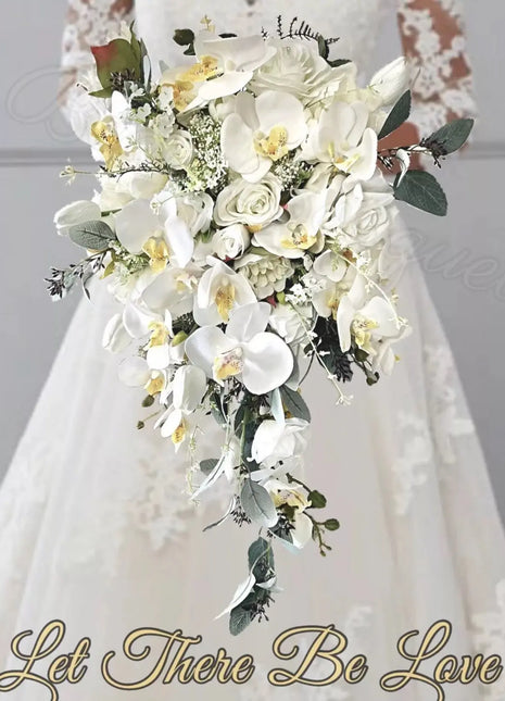 Cascading  White Bridal Bouquet with Rose, Orchid image 0