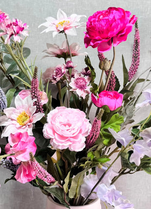 Silk delicate Floral vase Arrangement in cerise, peach, pale blue, lilac and White with garden, chrysanthemum, astilbe,Veronica dahlia sweet pea-Garden Views Beaux Faux Flowers Shop