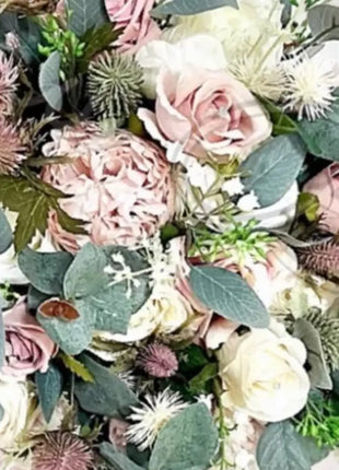 Scottish silk thistle bridal bouquet in mauve pink, ivory rose package 18pc image 5