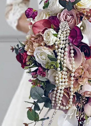 Bridal Cascade Bouquet, Artificial Wedding Flowers  in cerise ,blush pink, ivory image 7