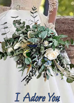 Eucalyptus foliage silk rose bridal Bouquet Wedding Flowers,Navy, Dusty Blue image 0