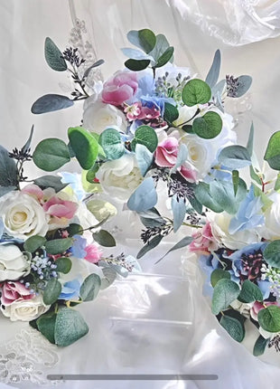 Blue, pink silk Wedding Flowers  Peony Bridal Bouquet in White, Ivory image 3