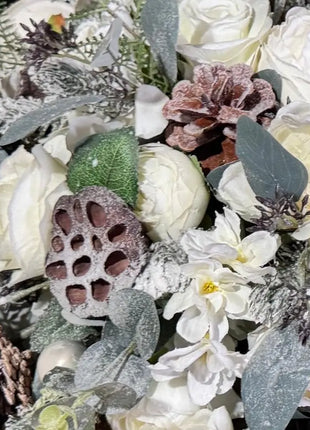 Winter, Christmas Festive table Arrangement  Cream Rose, Spruce, Fir Cones image 8