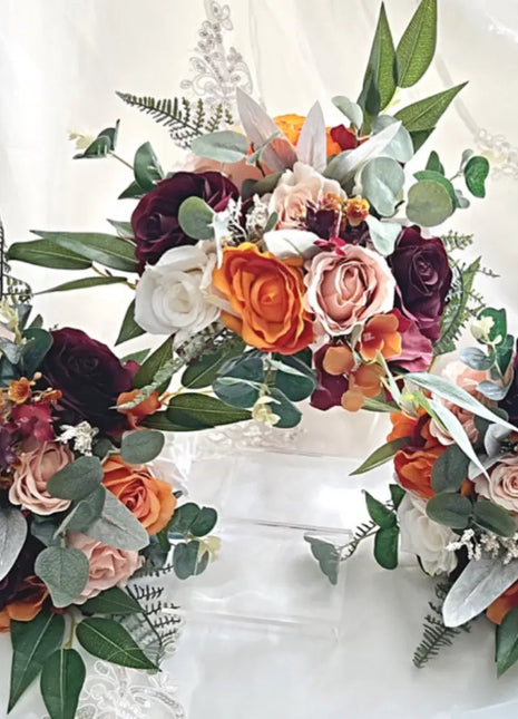 Artificial Wedding Flowers: Orange, Plum & Ivory Teardrop Bridal Bouquet with Ca image 1