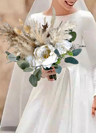  Rose pampas silk Spray Bridal Bouquet in Ivory Artificial Wedding Flowers image 0