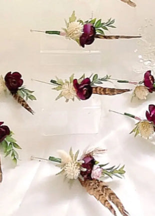 Scottish bridal bouquet with roses pheasant feather,  blue, red, Ivory blush  image 3