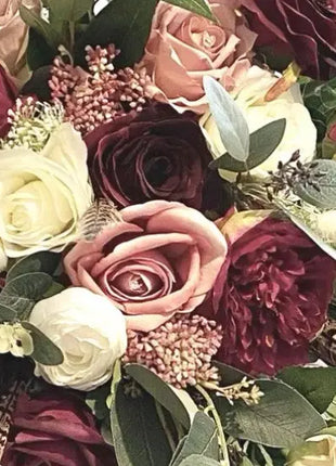 Silk Bridal Wedding Cascade Bouquet in Dusty Pink, Burgundy Pheasant Feathers image 3