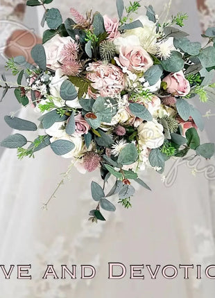 Scottish bride bouquet Thistle, rose in mauve, Ivory, blush rose wedding flowers image 0