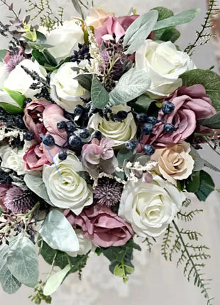 Silk Wedding Flowers in navy, ivory,, Mauve Rose, Thistle Bridal Round Bouquet image 6