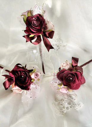 Silk Artificial Rose bouquet, dusky pink, burgundy  round  Bridal flowers image 1