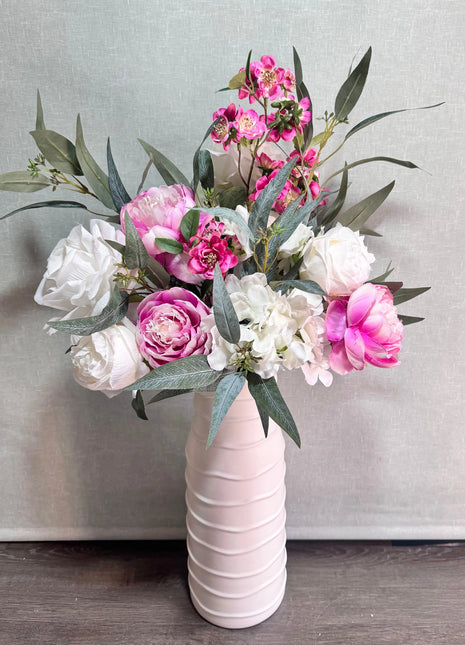 Silk Floral Peony vase Arrangement in cerise and White with peonies, roses, Nicoli eucalyptus - Villa View Beaux Faux Flowers Shop
