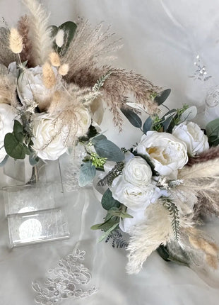 Silk Anemone, Roses in Cream White Ivory Round Spray Bridal Bouquet Wedding Fl image 5