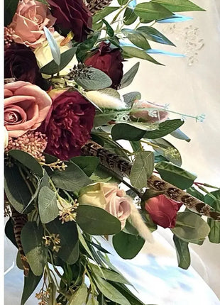 Silk Bridal Wedding Cascade Bouquet in Dusty Pink, Burgundy Pheasant Feathers image 4