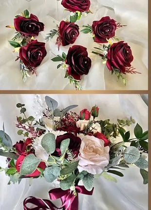Bouquet of red roses and greenery on a white background