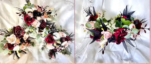 Two side-by-side images of a floral arrangement with dark red, pink, and green flowers on a white background.