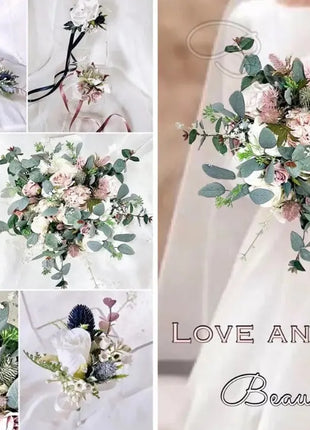 Scottish silk thistle bridal bouquet in mauve pink, ivory rose package 18pc image 7