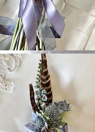 Scottish bridal bouquet with roses pheasant feather, blue ,yellow, red, Ivory image 8