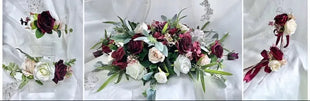 Set of floral arrangements with burgundy, white, and green flowers on a white background