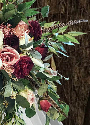 Scottish bridal bouquet with roses pheasant feather, dusky pink, red, Ivory image 3