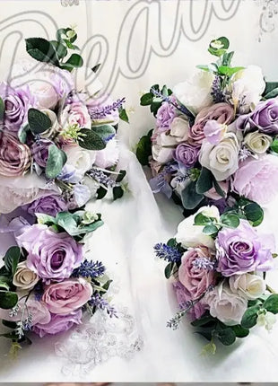 Silk Artificial Rose bouquet lavender,, lilac, Ivory round  Bridal flowers image 2