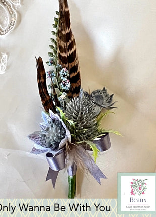 Scottish Thistle, Feather Buttonhole for Groom, Dusky Blue Mens wedding Attire image 3